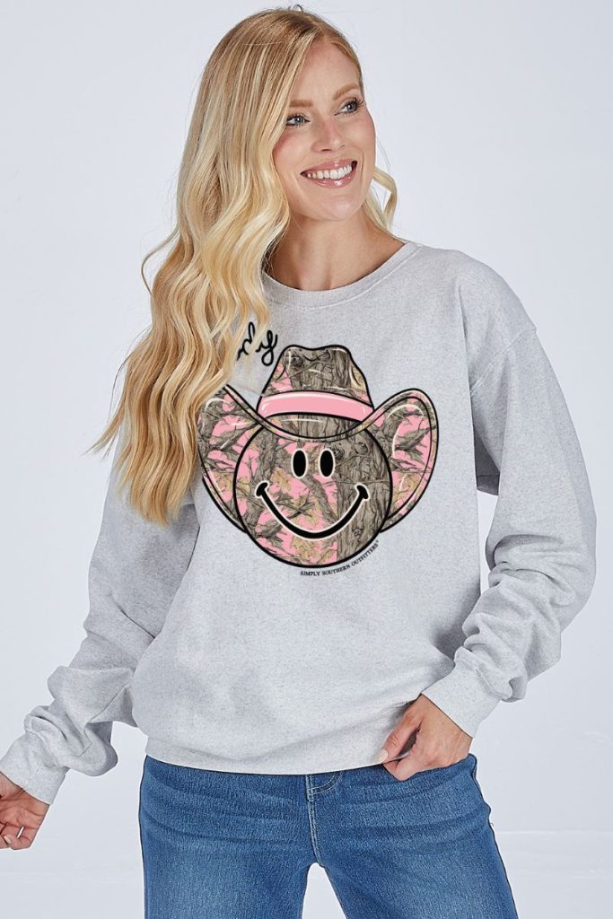 Simply Southern Howdy Camo Long Sleeve Crew Sweatshirt - SimplyCuteTees