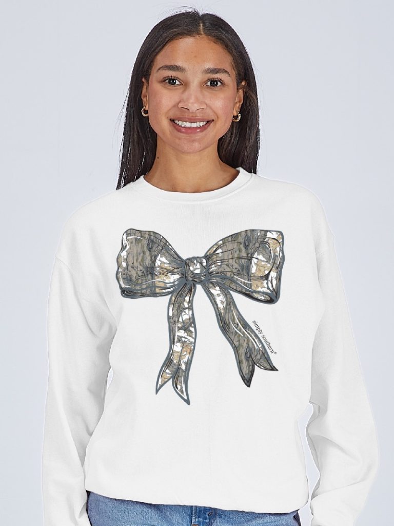 Simply Southern White Camo Bow Long Sleeve Crew Sweatshirt