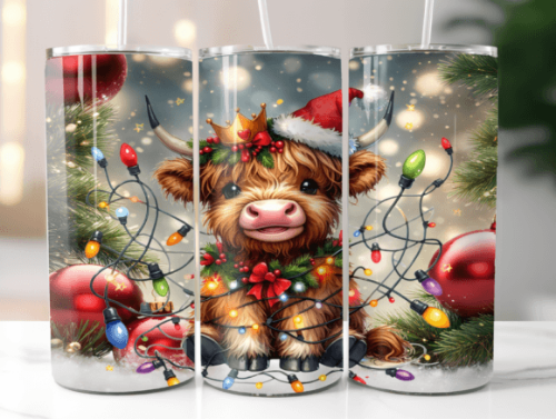 Christmas Highland Cow Calf 20 oz Skinny Tumbler Cup With Straw