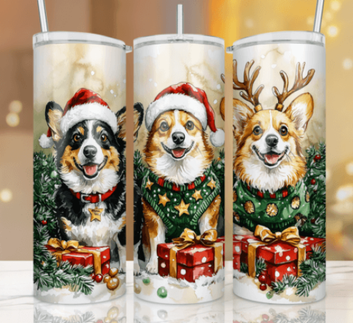 Christmas Dogs Corgi Trio 20 oz Skinny Tumbler Cup With Straw