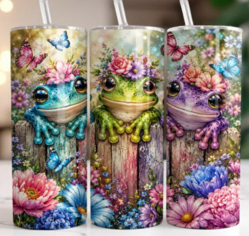 Frog Floral Trio 20 oz Skinny Tumbler Cup With Straw