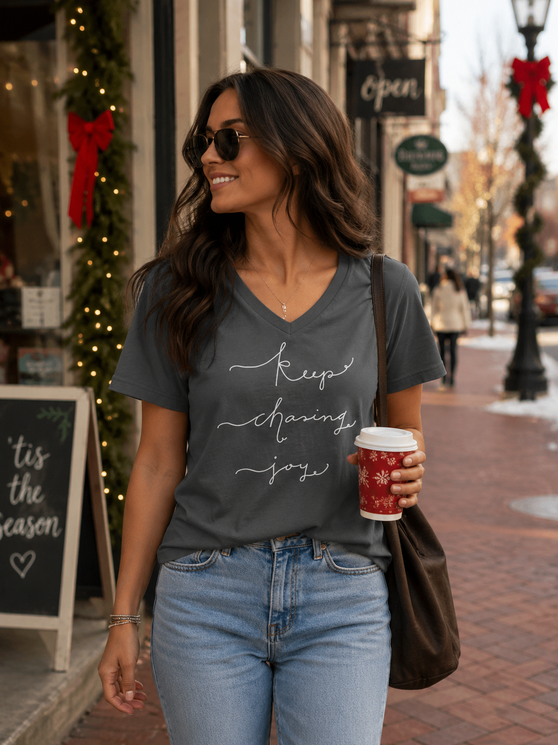 SALE Sassy Frass Keep Chasing Joy Canvas V-neck T-Shirt