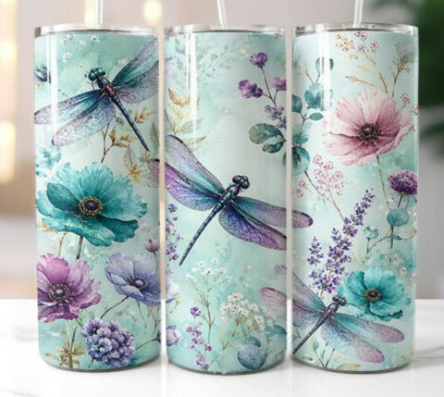 Dragonflies and Flowers 20 oz Skinny Tumbler Cup With Straw