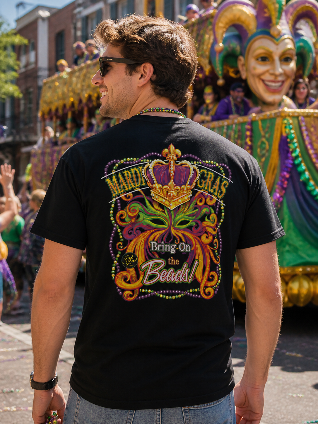 Sassy Frass Mardi Gras Bring on the Beads Mask Crown Girlie Bright T Shirt