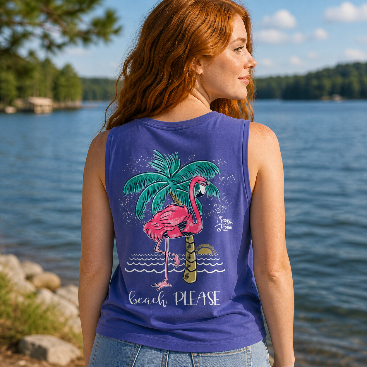 Sassy Frass Beach Please Flamingo Comfort Colors Bright T Shirt Tank Top