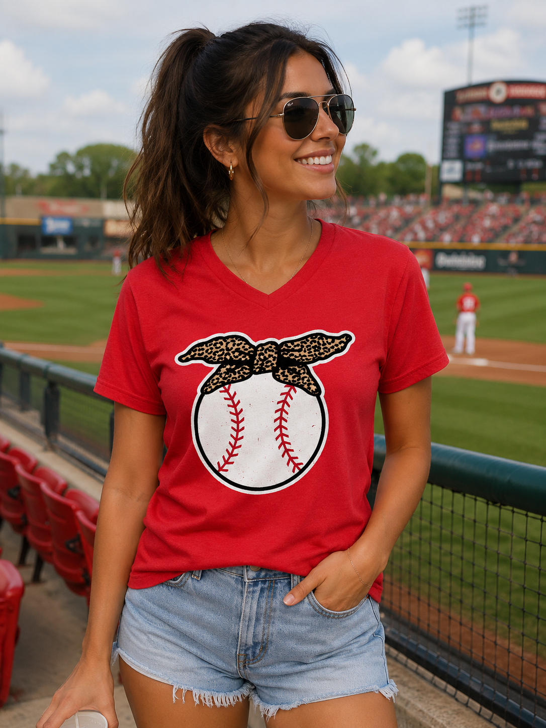 SALE Sassy Frass Baseball Leopard Bow V-Neck Canvas T-Shirt