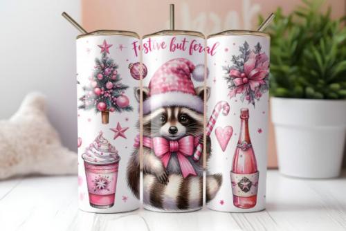 Christmas Festive but Feral Racoon Trash Panda 20 oz Skinny Tumbler Cup With Straw