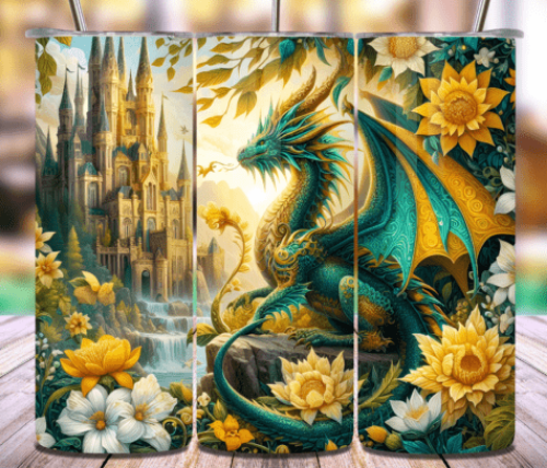 Floral Green Castle Dragon 20 oz Skinny Tumbler Cup With Straw