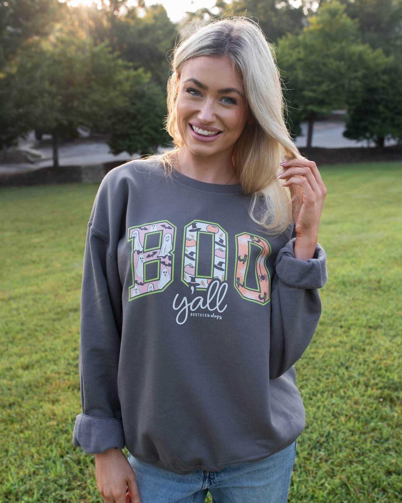 Southernology Boo Y'all Pattern Fall Crewneck Sweatshirt - SimplyCuteTees