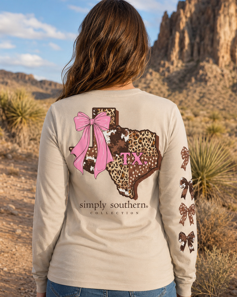 Simply Southern Texas Cow Leopard Print Pattern Long Sleeve T-Shirt
