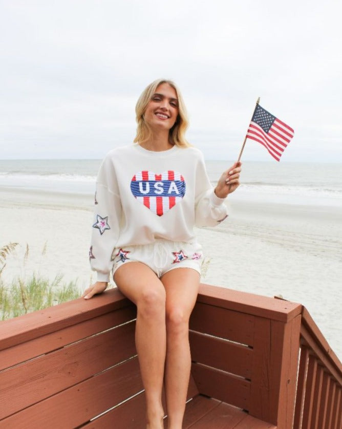 Simply Southern USA Sequins Shorts &amp; Sweater T-Shirt Set