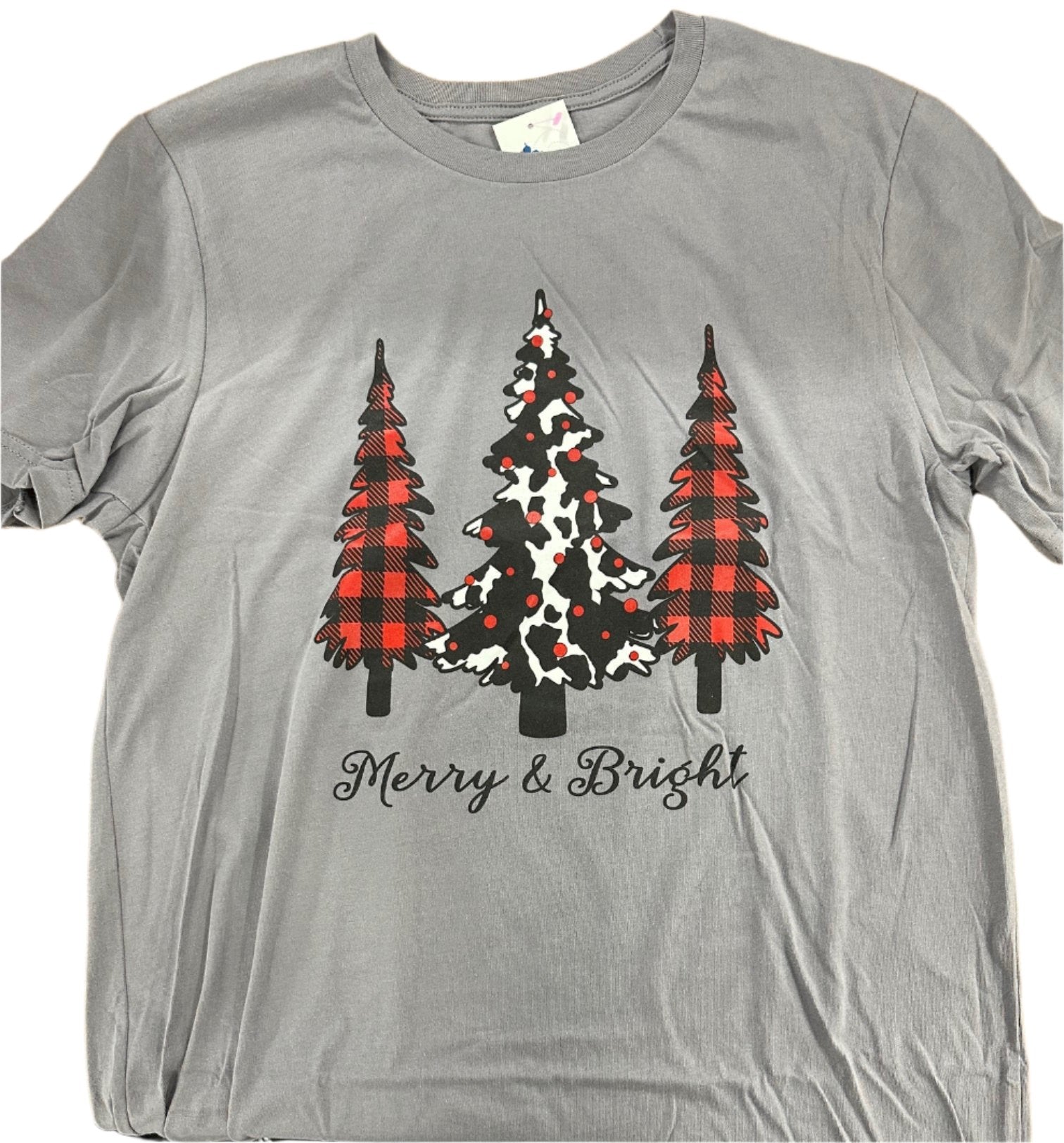 Southern Chics Apparel Merry &amp; Bright Christmas Tree Cow Plaid Canvas T-Shirt