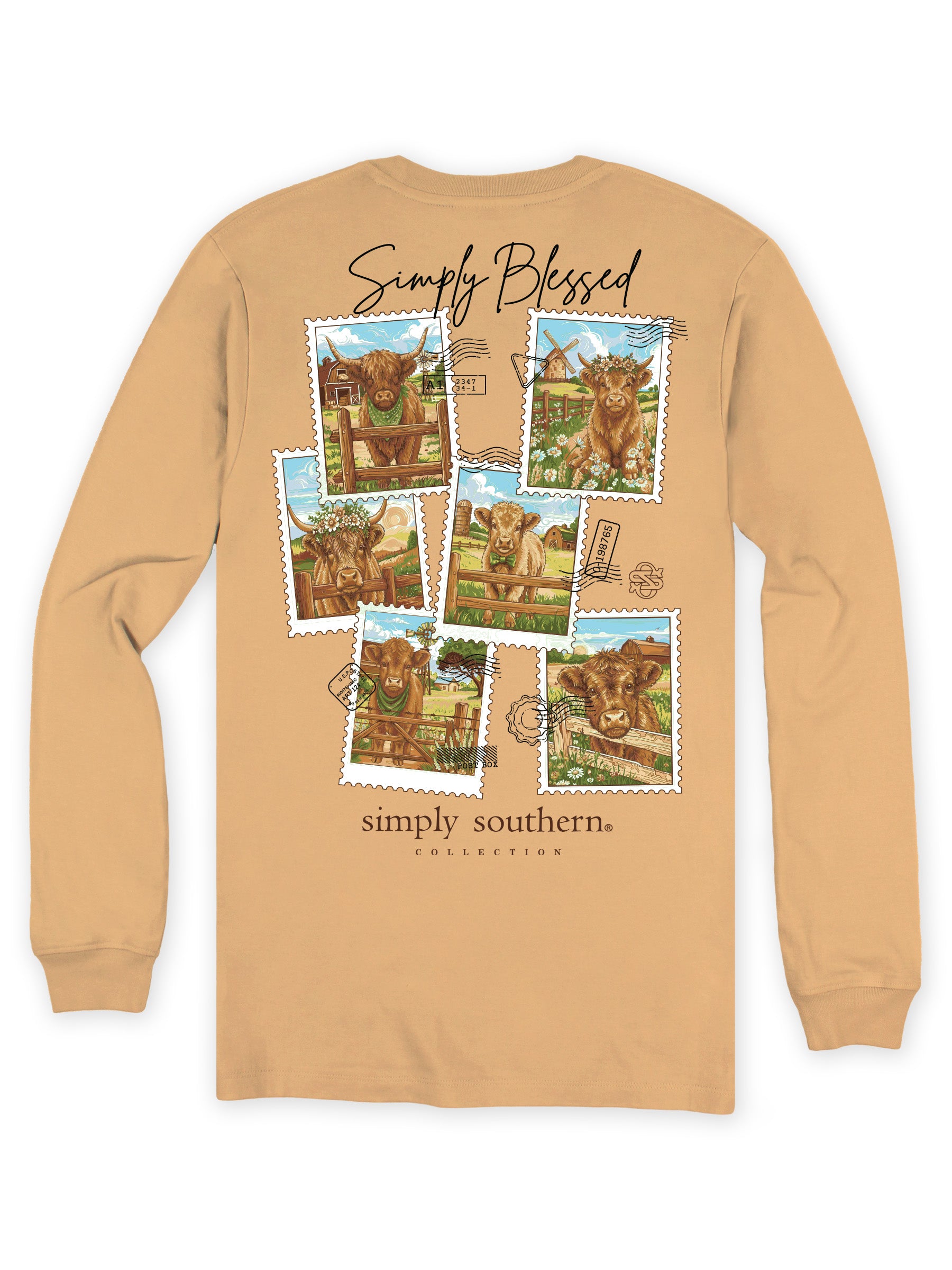 Simply Southern Blessed Cow Stamps Long Sleeve T-Shirt
