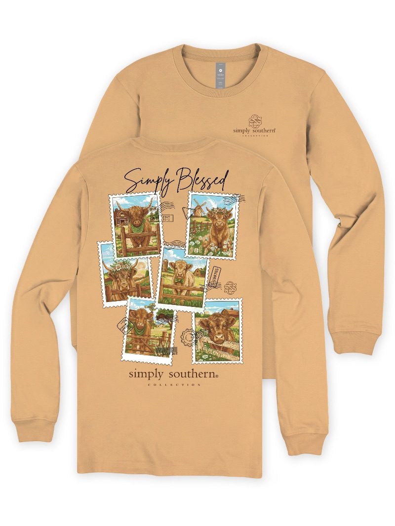 Simply Southern Blessed Cow Stamps Long Sleeve T-Shirt