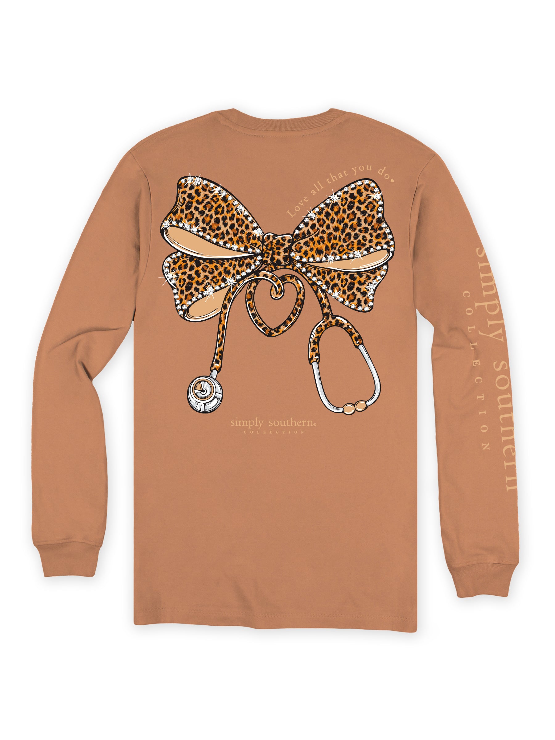 Simply Southern Nurse Leopard Bow Chestnut Long Sleeve T-Shirt