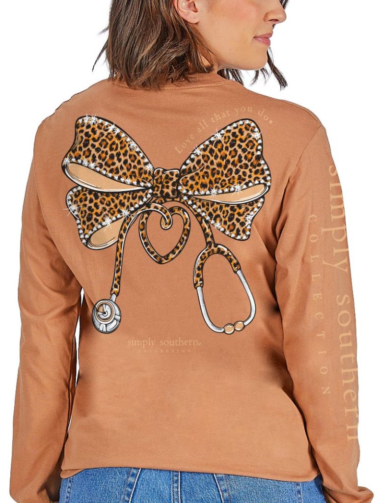 Simply Southern Nurse Leopard Bow Chestnut Long Sleeve T-Shirt