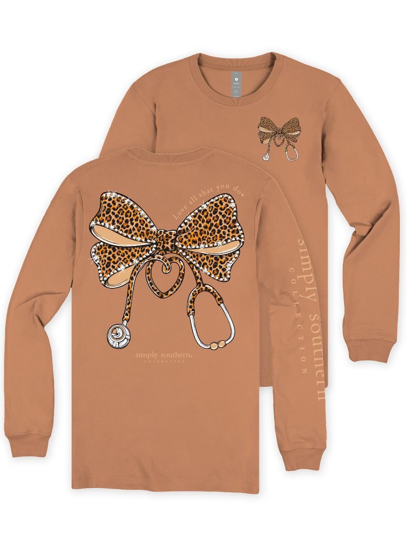Simply Southern Nurse Leopard Bow Chestnut Long Sleeve T-Shirt