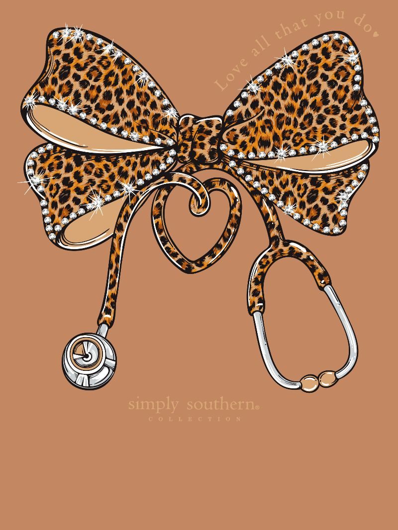 Simply Southern Nurse Leopard Bow Chestnut Long Sleeve T-Shirt