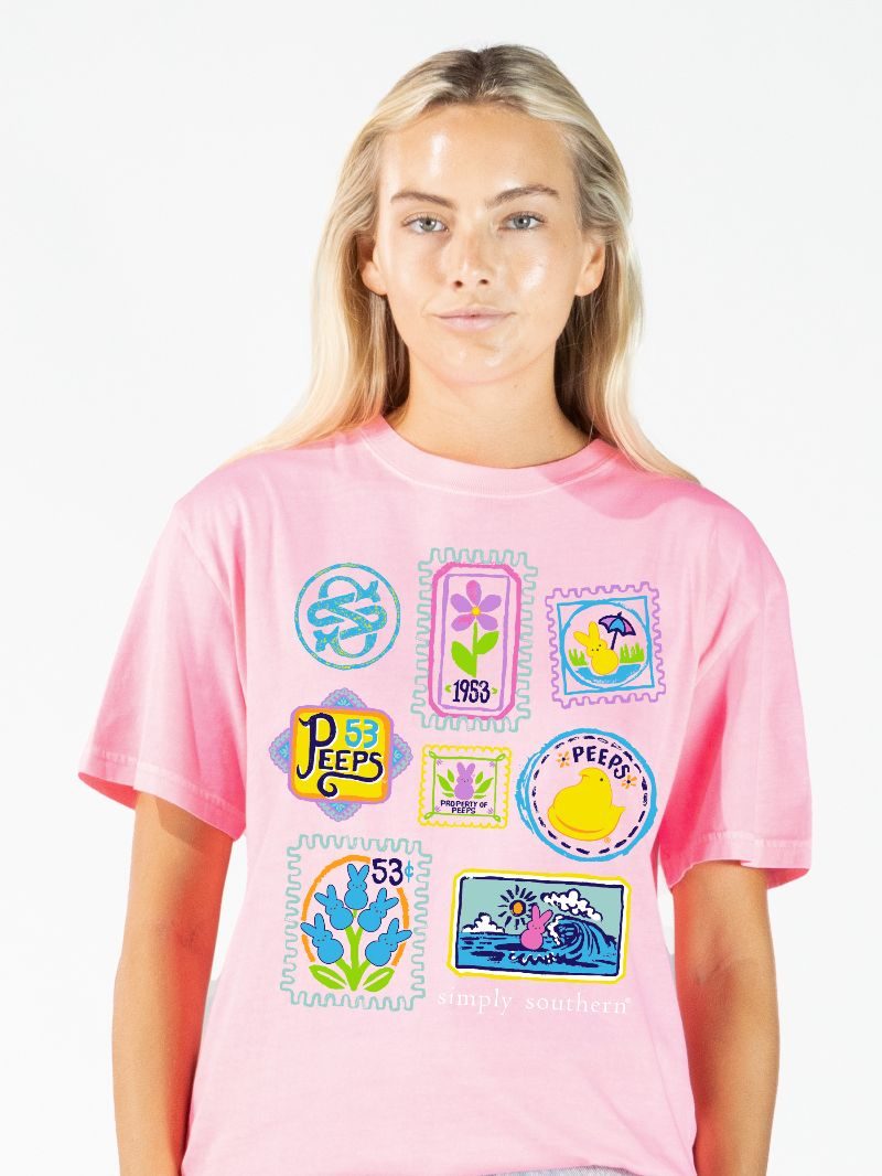 Simply Southern Peeps Stickers Easter Mineral Washed T-Shirt - SimplyCuteTees