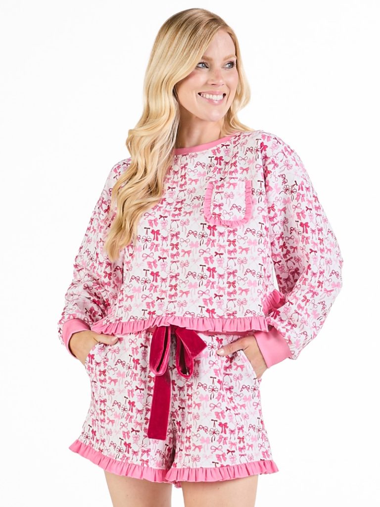 Simply Southern Bow Ruffle PJ Shorts &amp; Long Sleeve T-Shirt Set - SimplyCuteTees