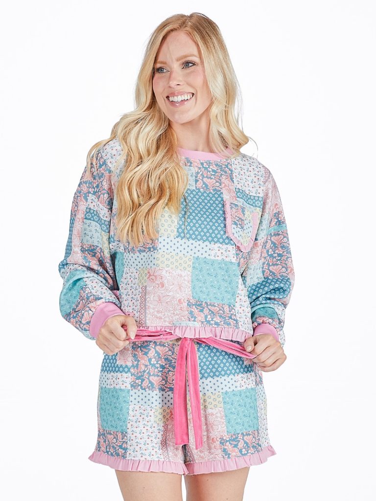 Simply Southern Quilted Pattern Ruffle PJ Shorts &amp; Long Sleeve T-Shirt Set - SimplyCuteTees