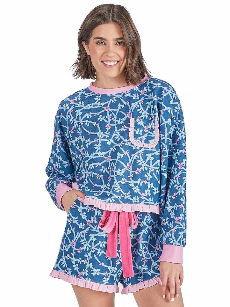 Simply Southern Ribbon Pattern Ruffle PJ Shorts & Long Sleeve T-Shirt Set - SimplyCuteTees