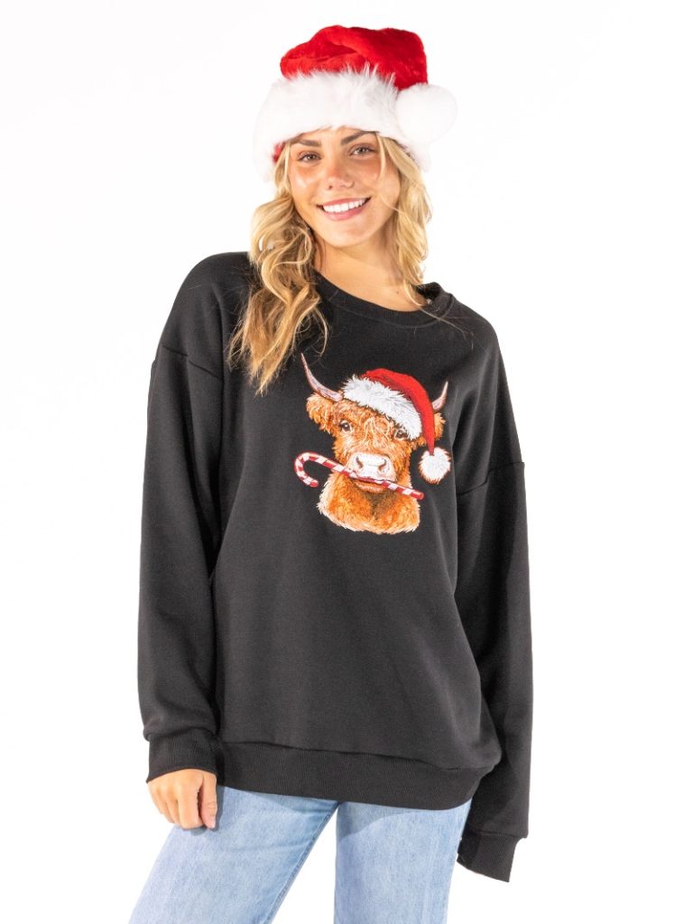 Simply Southern 0226 Cow Holiday Embroidered Long Sleeve Crew