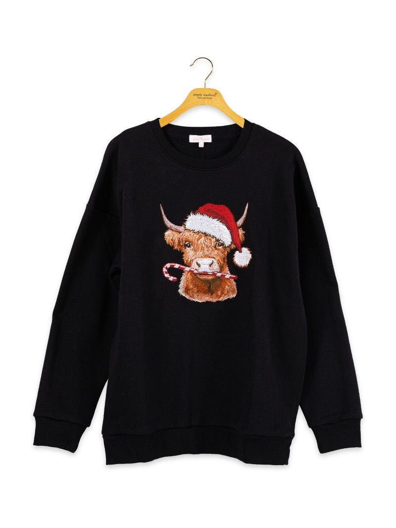 Simply Southern 0226 Cow Holiday Embroidered Long Sleeve Crew