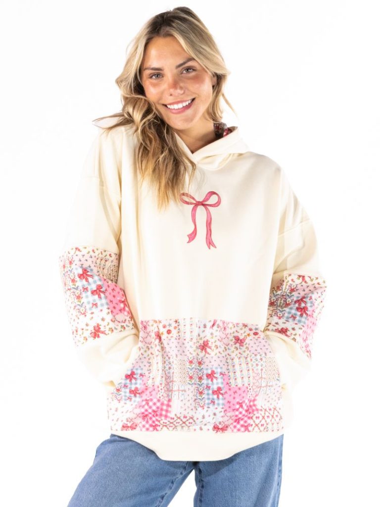Simply Southern 0226 Bow Pattern Embroidered Long Sleeve Hoodie