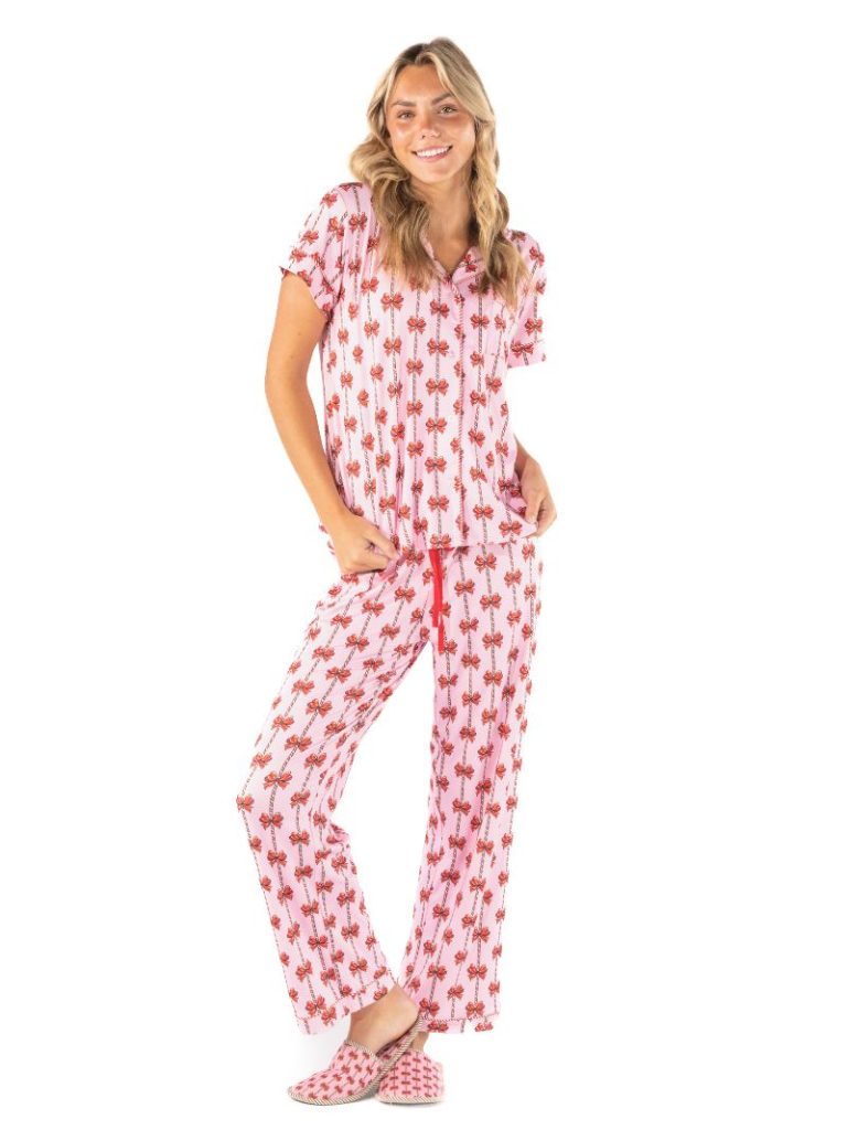 Simply Southern 0226 Mint Bow Holiday PJ Pants &amp; Button Top Set