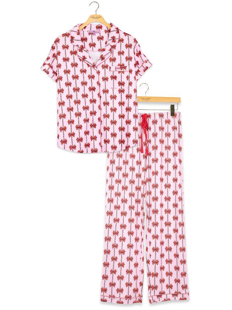 Simply Southern 0226 Mint Bow Holiday PJ Pants &amp; Button Top Set