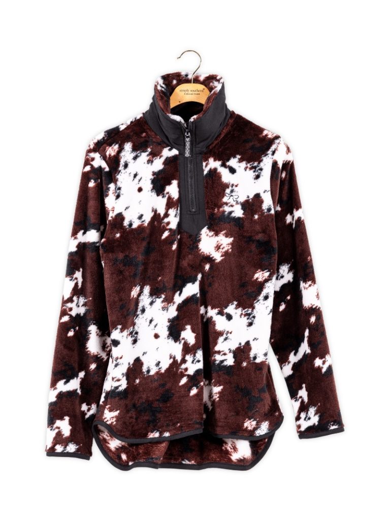 Simply Southern 0226 Quarter Zip Cow Print Pullover Sweater Jacket
