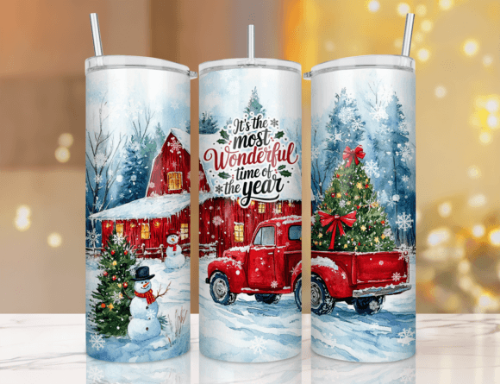 Christmas Most Wonderful Time Red Truck 20 oz Skinny Tumbler Cup With Straw