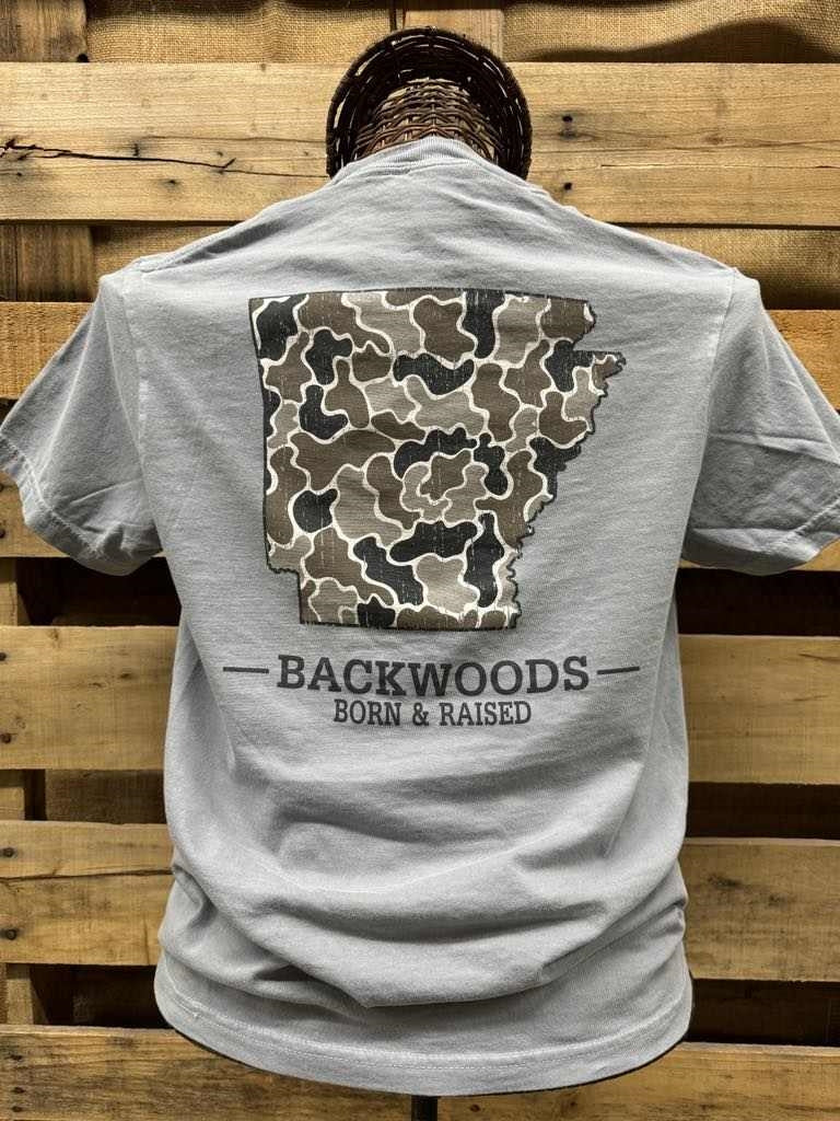 Backwoods Born & Raised Camo Arkansas Comfort Colors T-Shirt - SimplyCuteTees