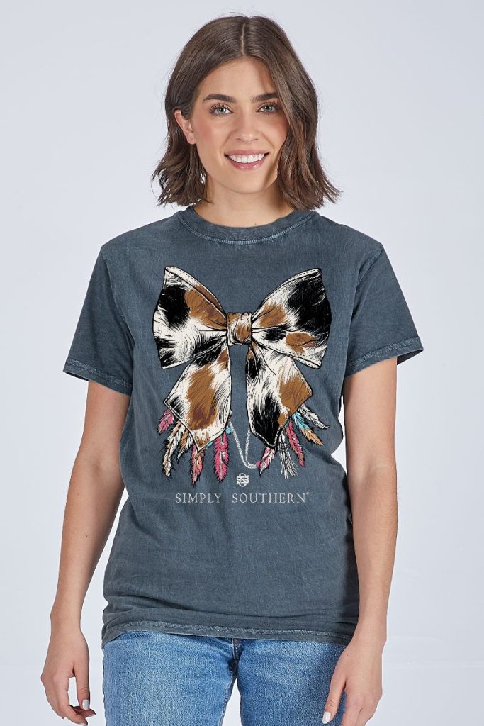 Simply Southern Cow Bow Washed Coal T-Shirt - SimplyCuteTees