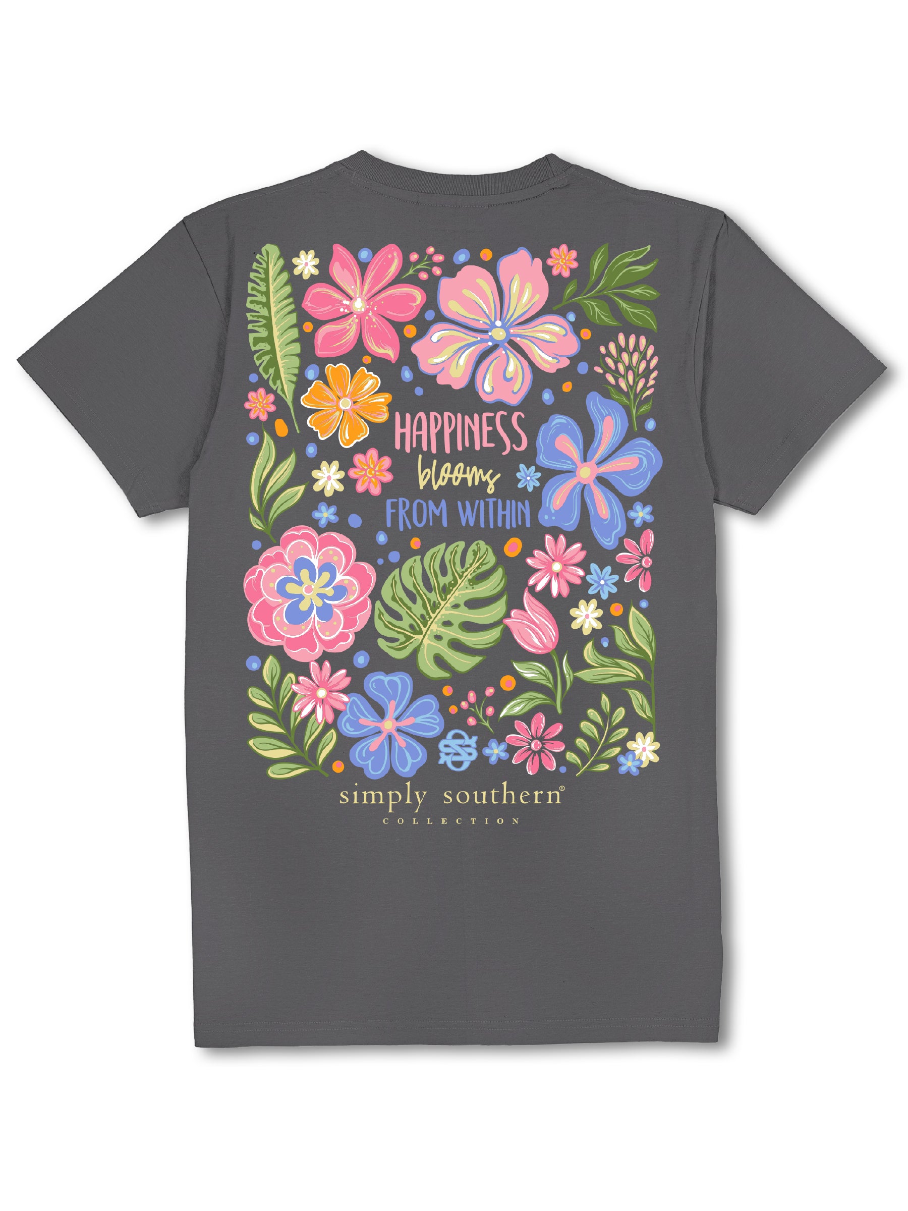Simply Southern Happiness Blooms Washed Coal T-Shirt - SimplyCuteTees