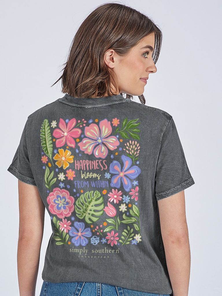 Simply Southern Happiness Blooms Washed Coal T-Shirt - SimplyCuteTees