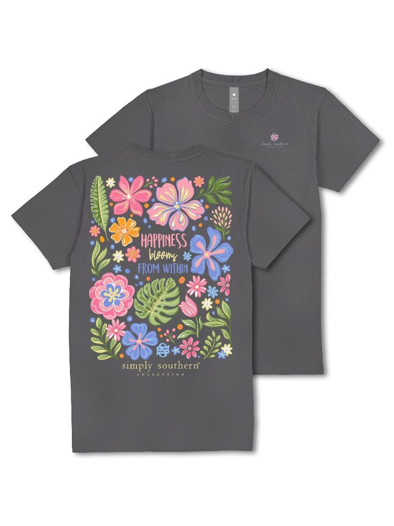 Simply Southern Happiness Blooms Washed Coal T-Shirt - SimplyCuteTees