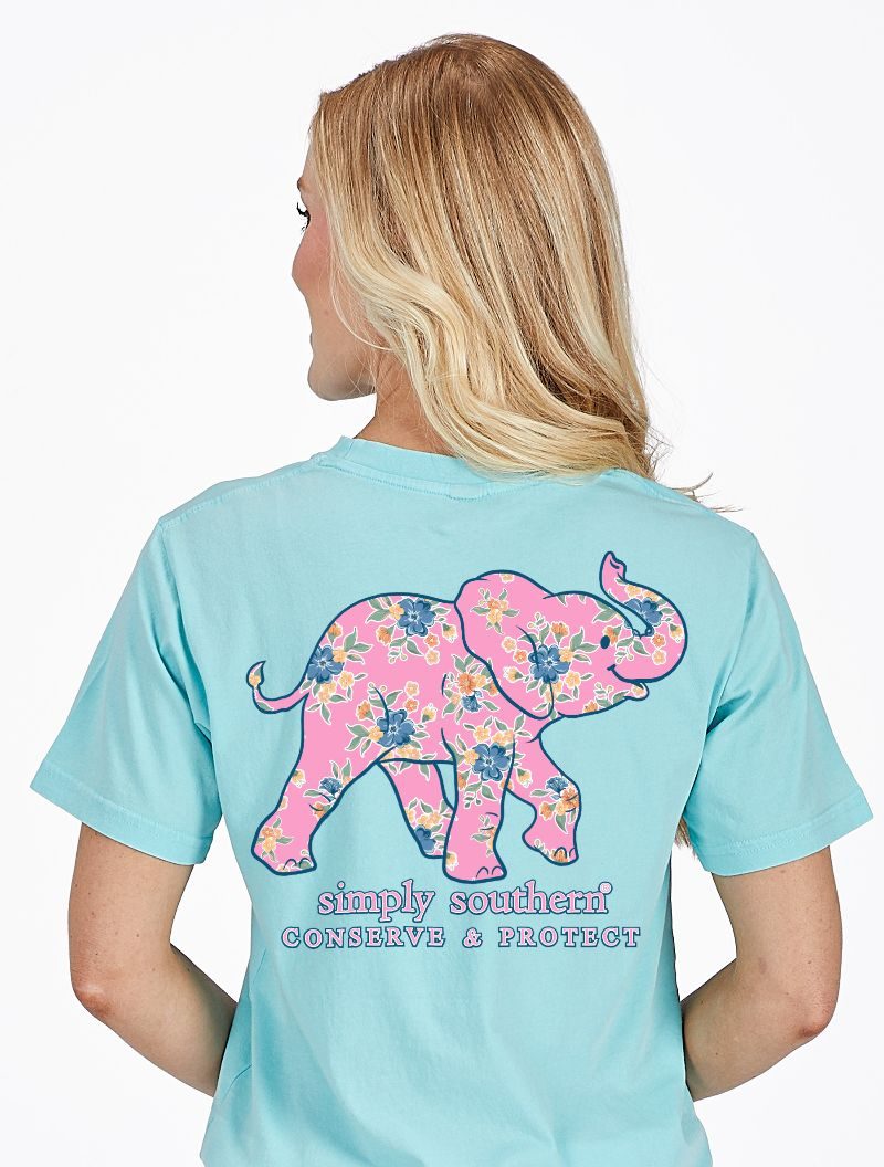 Simply Southern Elephant Tracker Floral Aqua T-Shirt - SimplyCuteTees