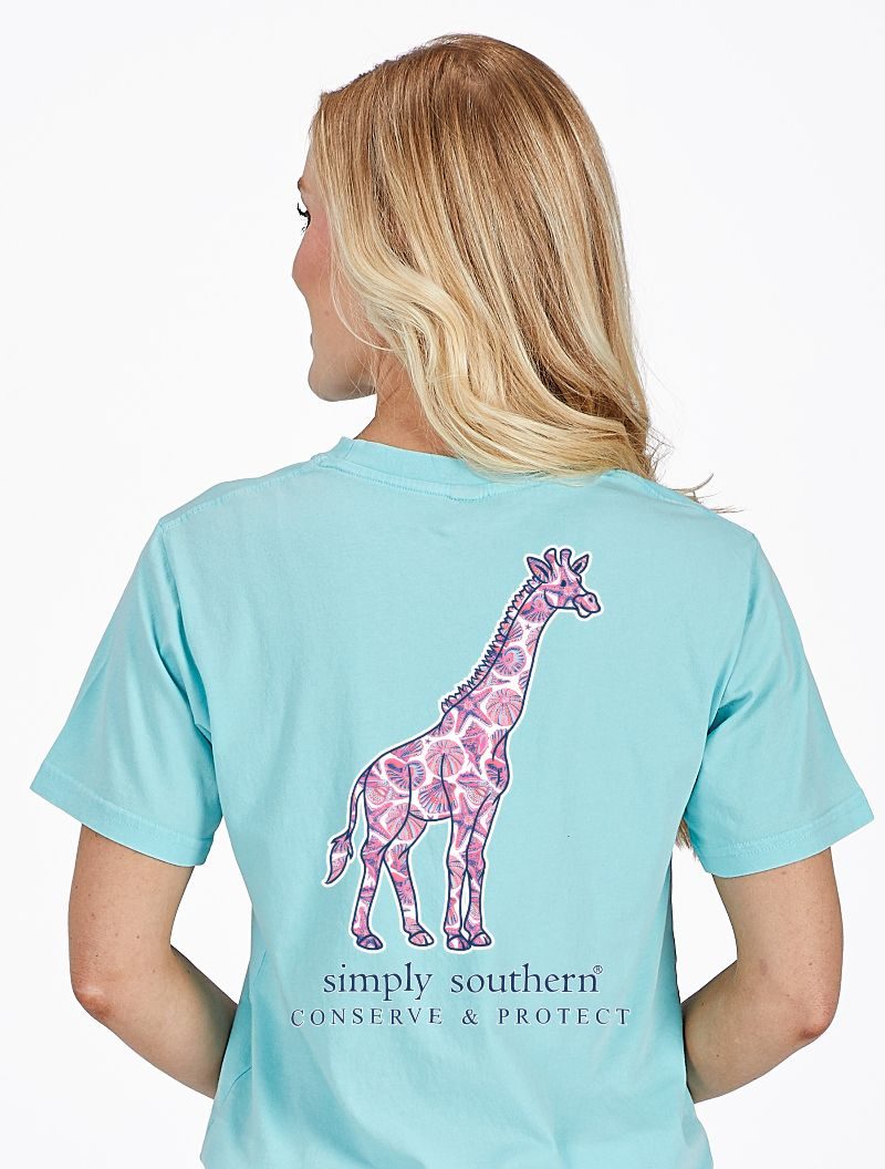 Simply Southern Giraffe Tracker Shell Aqua T-Shirt - SimplyCuteTees