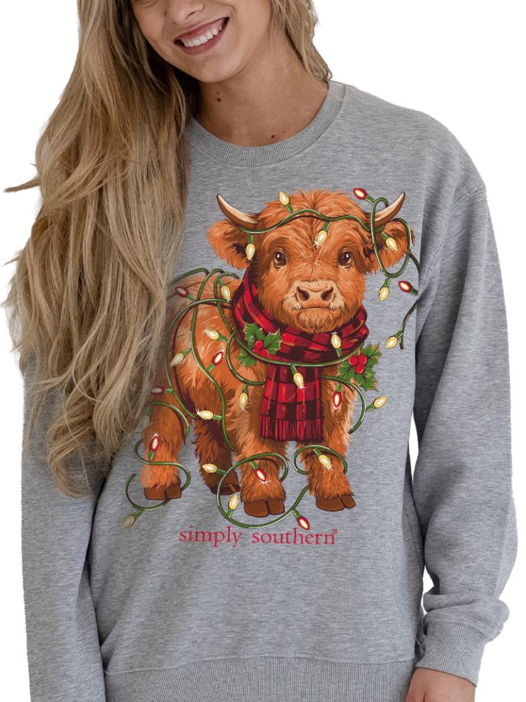 Simply Southern Cow Lights Holiday Long Sleeve Crew Sweatshirt