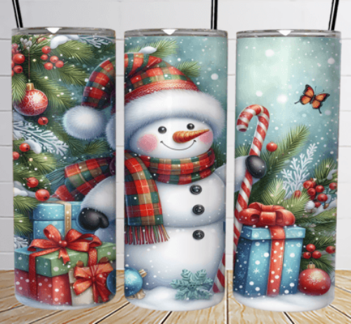 Christmas Snowman with Gifts 20 oz Skinny Tumbler Cup With Straw