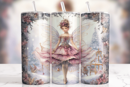 Christmas Sugar Plum Fairy Dancer Ballerina Faire 20 oz Skinny Tumbler Cup With Straw