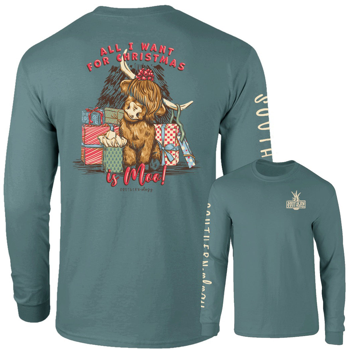 Southernology Christmas Moo Cow Holiday Comfort Colors Long Sleeve T-Shirt - SimplyCuteTees