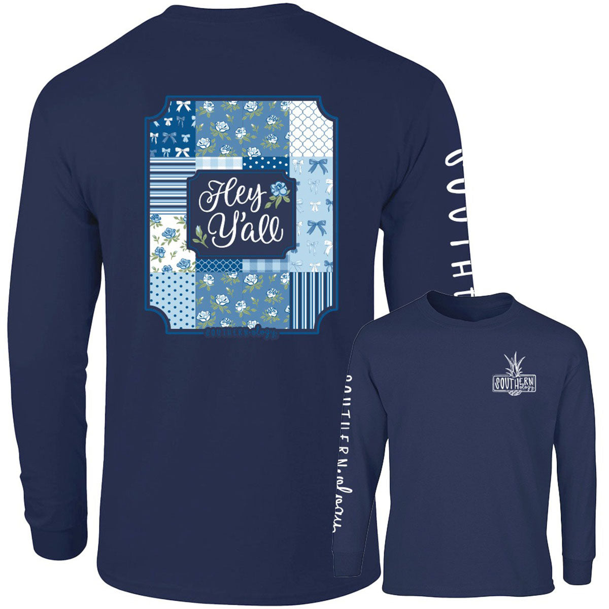 Southernology Patchwork Hey Y'all Comfort Colors Long Sleeve T-Shirt - SimplyCuteTees