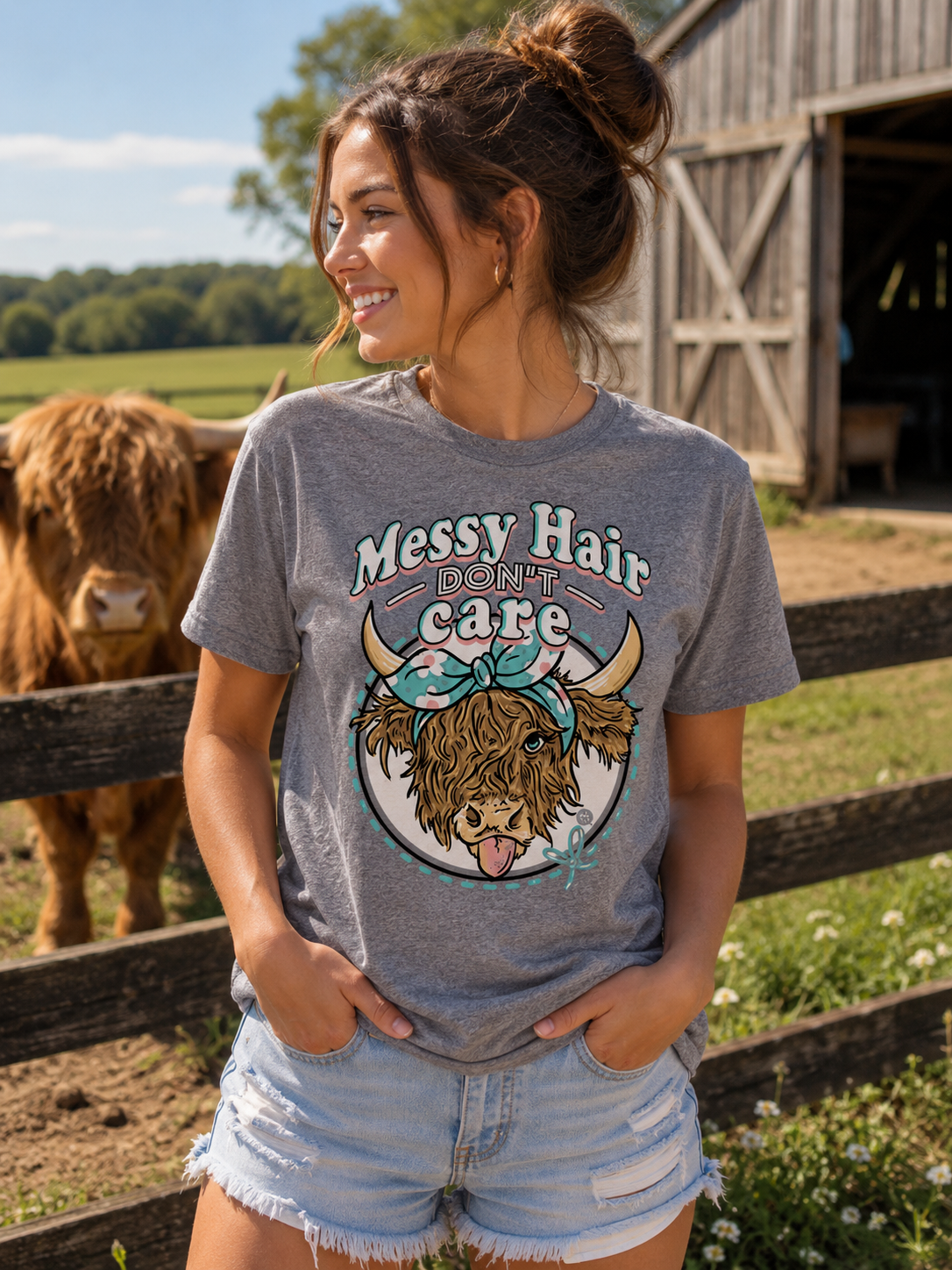 Girlie Girl Originals Messy Hair Highland Cow T-Shirt