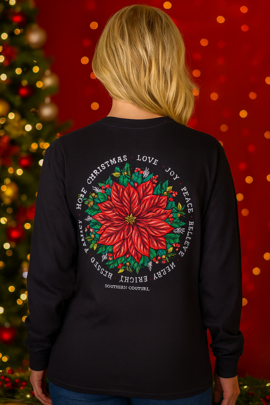 Southern Couture Classic Christmas Poinsettia Holiday Long Sleeve T-Shirt - SimplyCuteTees