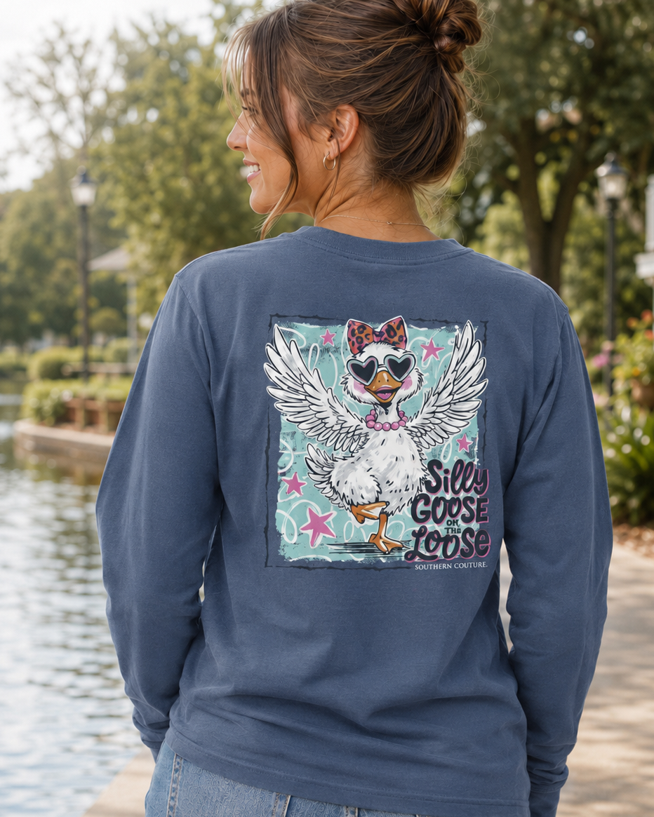 Southern Couture Classic Silly Goose Indigo Long Sleeve T-Shirt