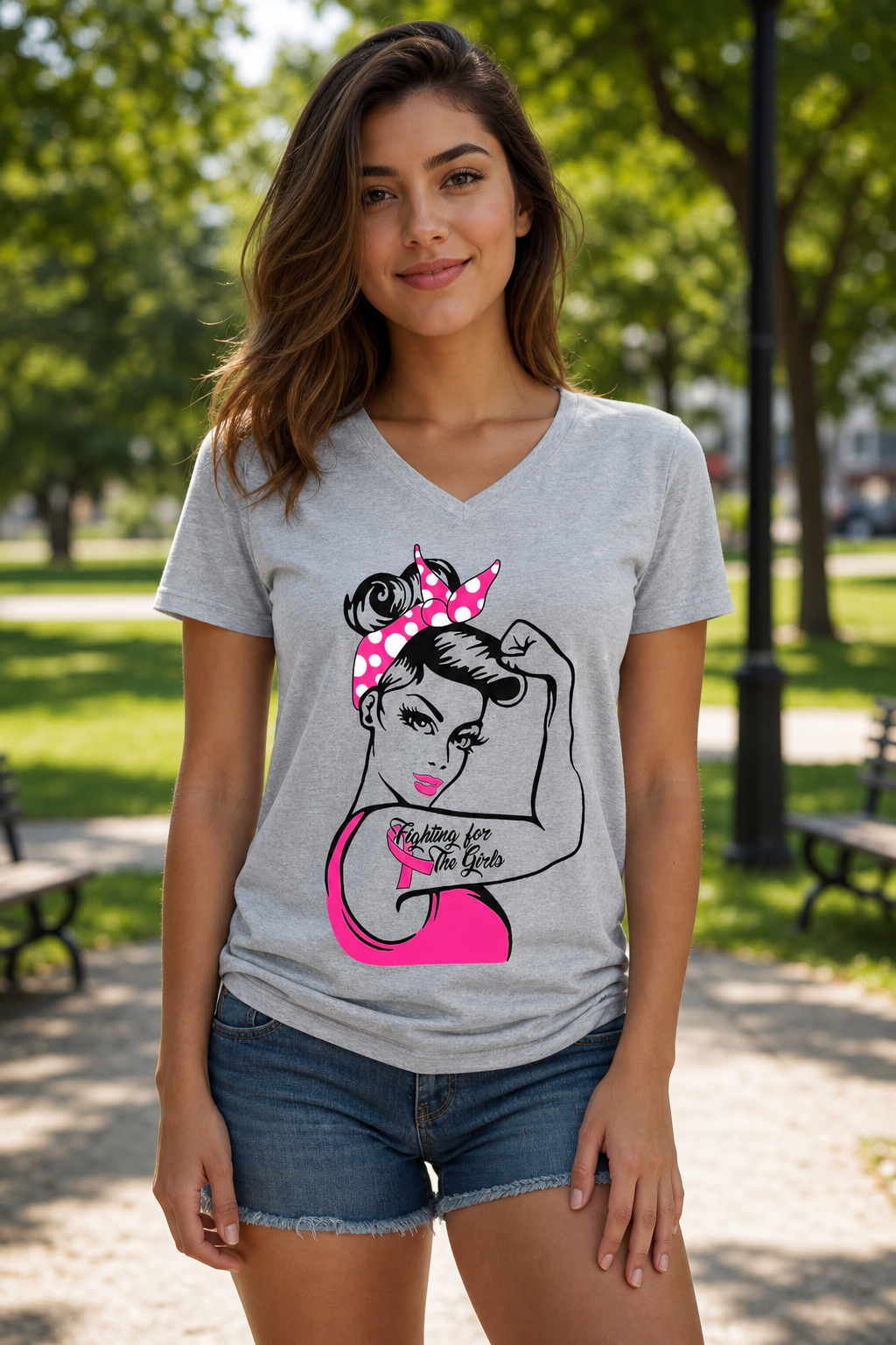 Southern Chics Breast Cancer Pink Ribbon Canvas Girlie V-Neck Bright T Shirt