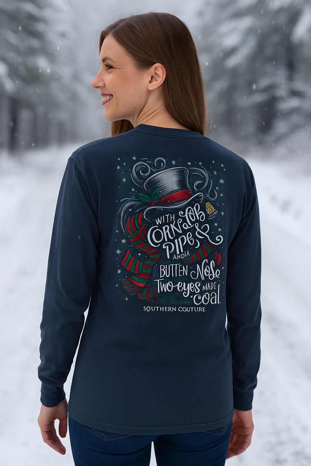 Southern Couture Classic Corn Cobb Pipe Snowman Holiday Long Sleeve T-Shirt - SimplyCuteTees